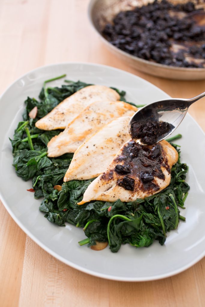 Chicken is always a good idea for dinner. Easy sauteed chicken in fig balsamic sauce is sumptuous with a side of lemon garlic spinach.