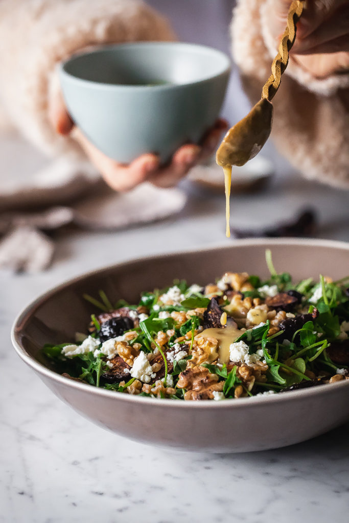 Dried fig salad recipes like Le Petit Chef's Farro + Fig Salad with Maple Tahini Dressing a crowd-pleaser.