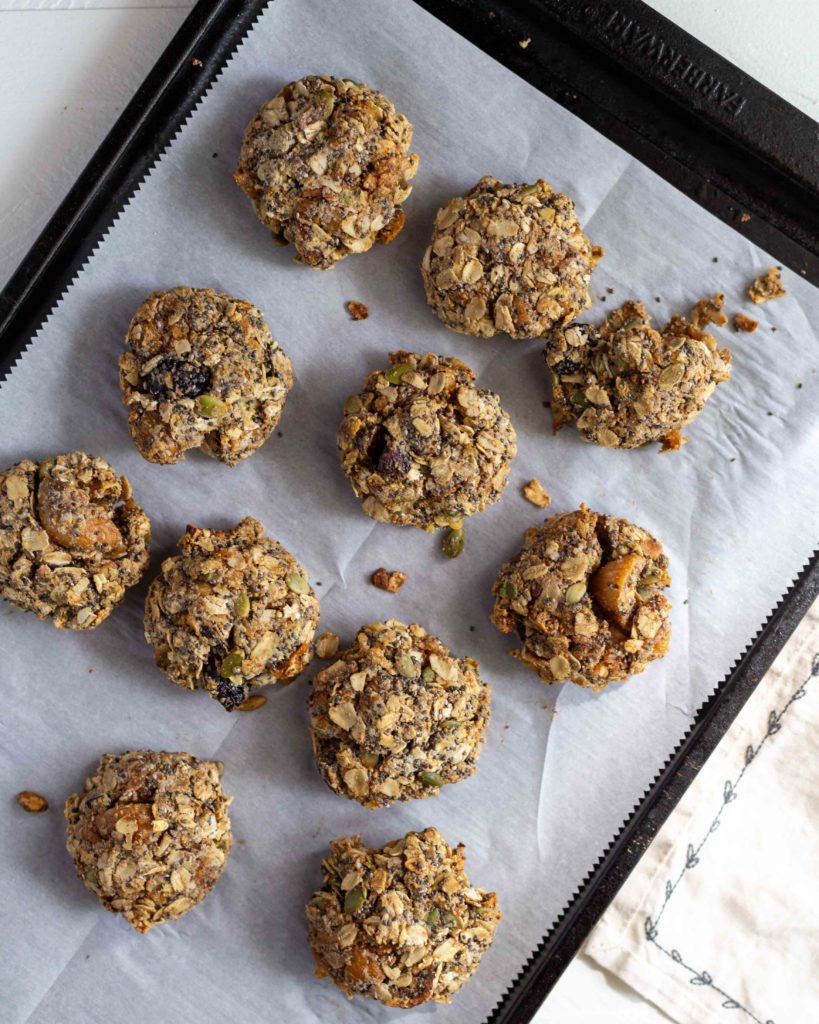 Almond oatmeal cookies with figs on a sheet pan