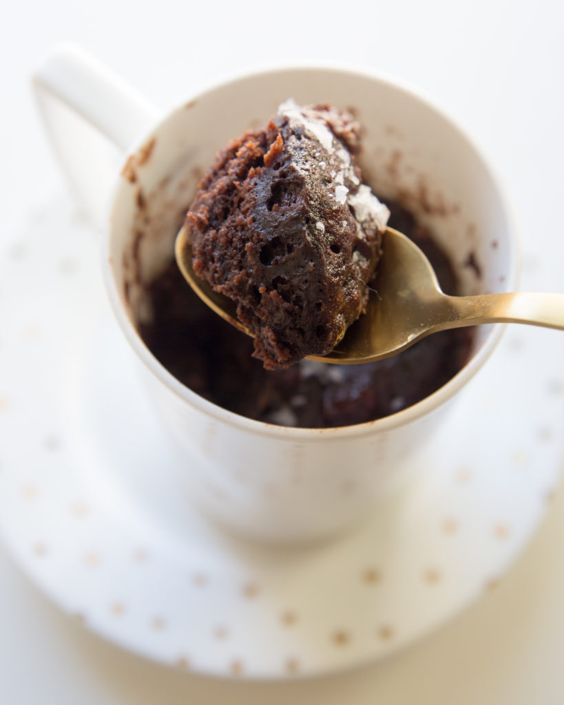 Chocolate hazelnut and figs are a power flavor pairing for microwave cake in a cup. Just stir and microwave this single serve mug cake with nutella.