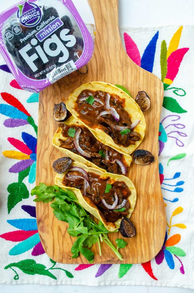 Dora's Table's Fig Mole Mushroom Tacos are meatless and a great addition to your Cinco de Mayo menu.