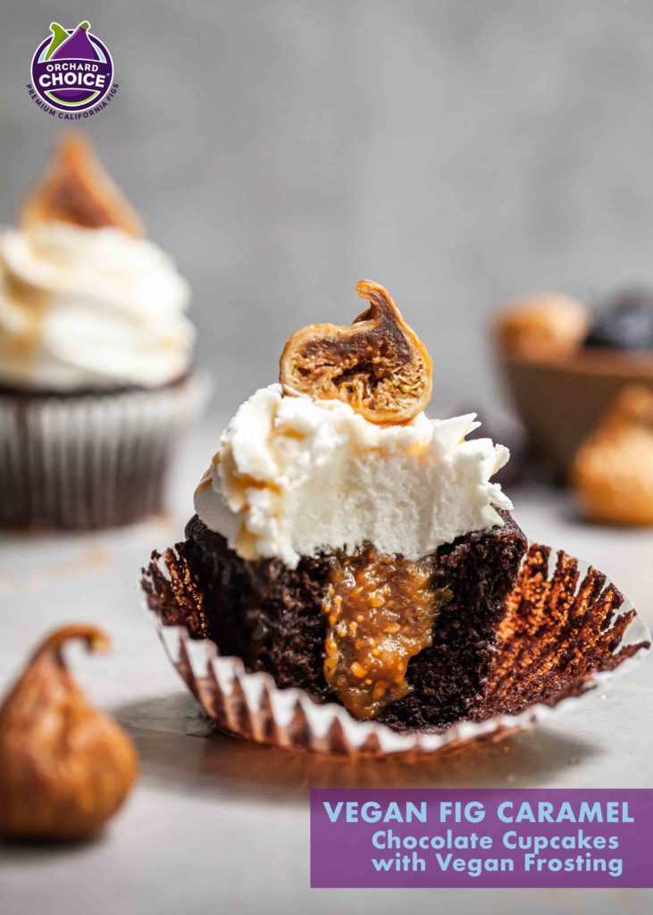 Chocolate cupcakes filled with fig caramel and vegan frosting are not just for special occasions. The vegan caramel is an amazing cupcake filling.