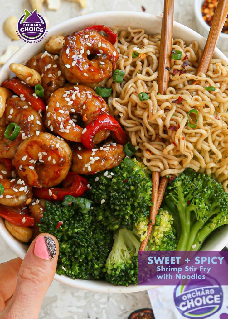 Shrimp and vegetables is dinner done right. Using dried figs in the sauce yields a sweet and spicy shrimp stir fry with noodles that is better than takeout.