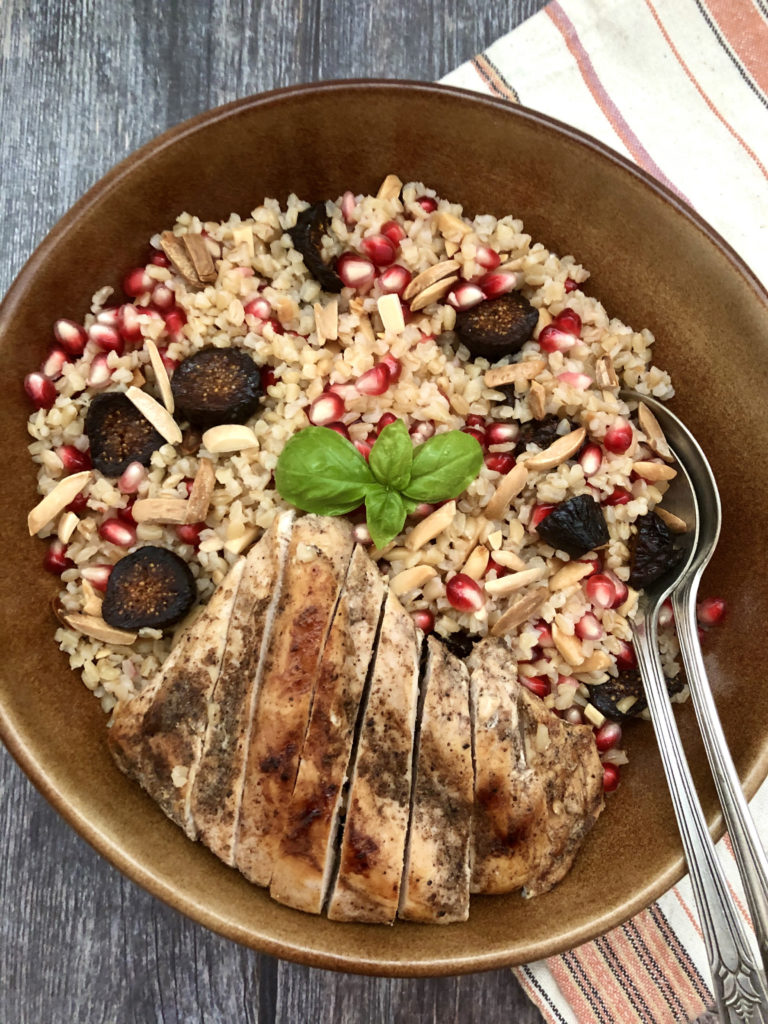 Bulgur wheat salad is a quick meal. With rotisserie chicken, dried figs and pomegranates, this wheat bulgur recipe comes together in a pinch. 