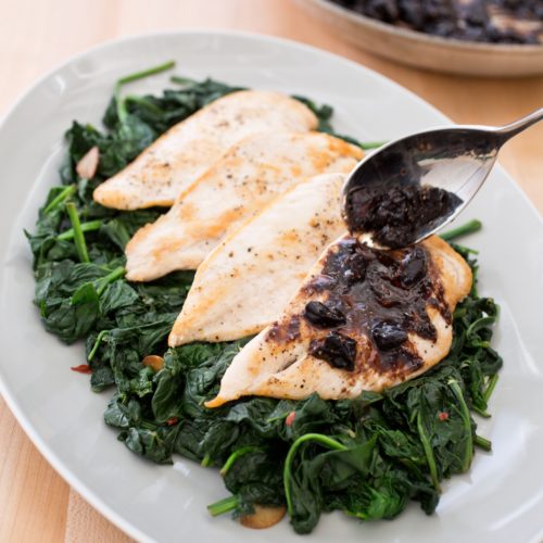 Chicken is always a good idea for dinner. Easy sauteed chicken in fig balsamic sauce is sumptuous with a side of lemon garlic spinach.