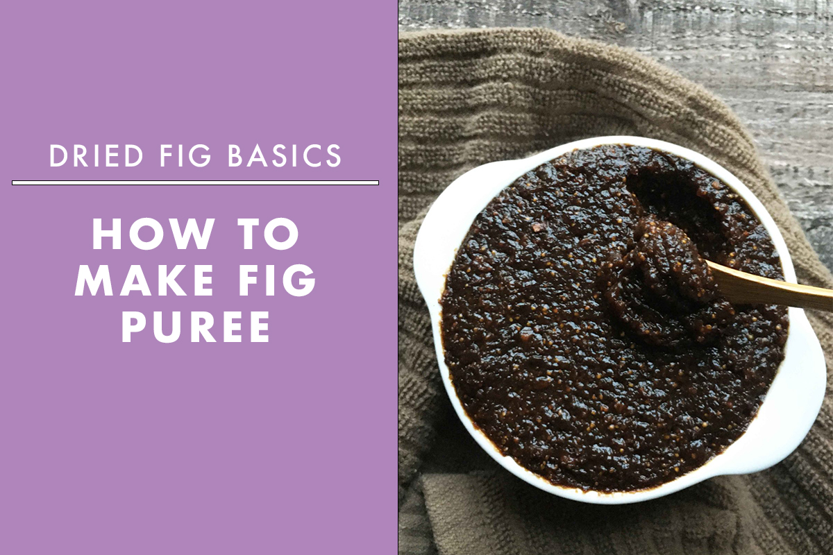 An infographic that shows a bowl of fig puree on a brown kitchen towel
