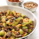 This is the best Brussels sprout recipe with bacon! Perfect for the holidays or winter weeknights, this Fig Bacon Braised Brussels Sprouts recipe is a keeper.