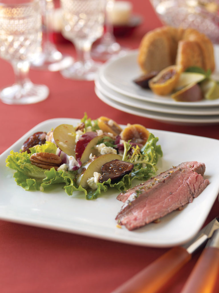 flank steak ribbons with pear fig salad