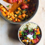 Warm up with vegetable tagine served over quinoa. Inspired by Moroccan vegetable tagine, this vegetarian dish is great with couscous too.