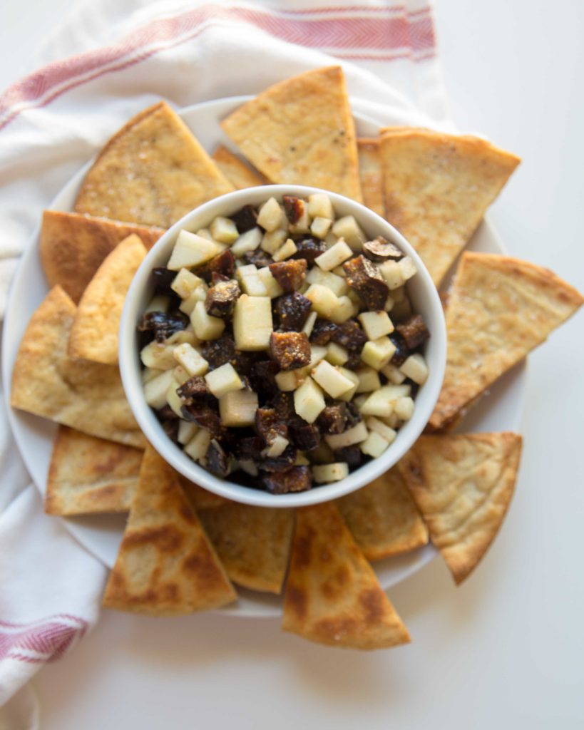 Pita crisps with apple fig salsa are our kind of healthy snack. This pita crisp recipe is ready in less than 10 minutes--kids and parents like this snack.
