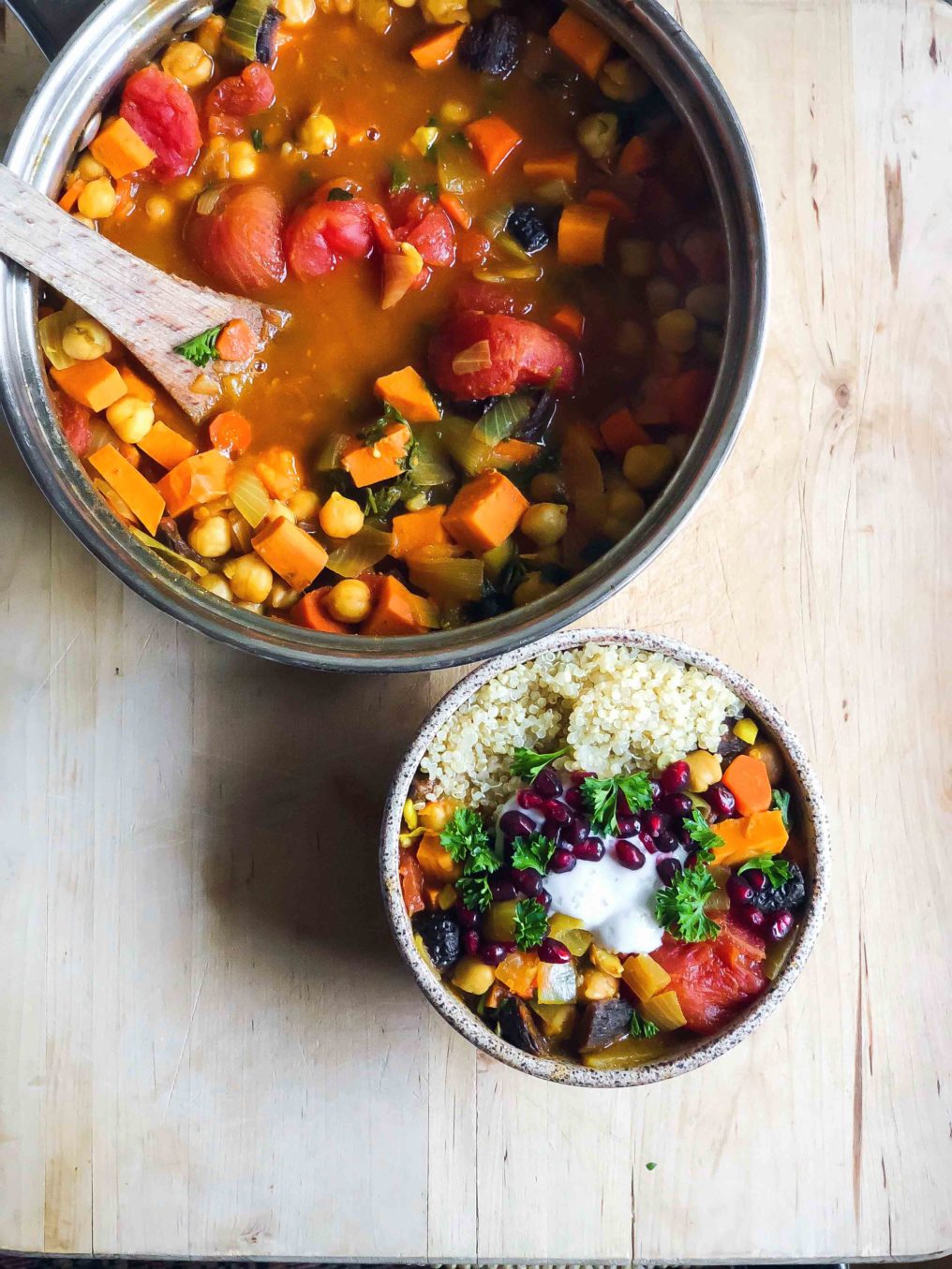 Warm up with vegetable tagine served over quinoa. Inspired by Moroccan vegetable tagine, this vegetarian dish is great with couscous too.