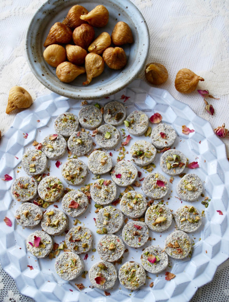Platter of fig pistachio coins with rose water recipe