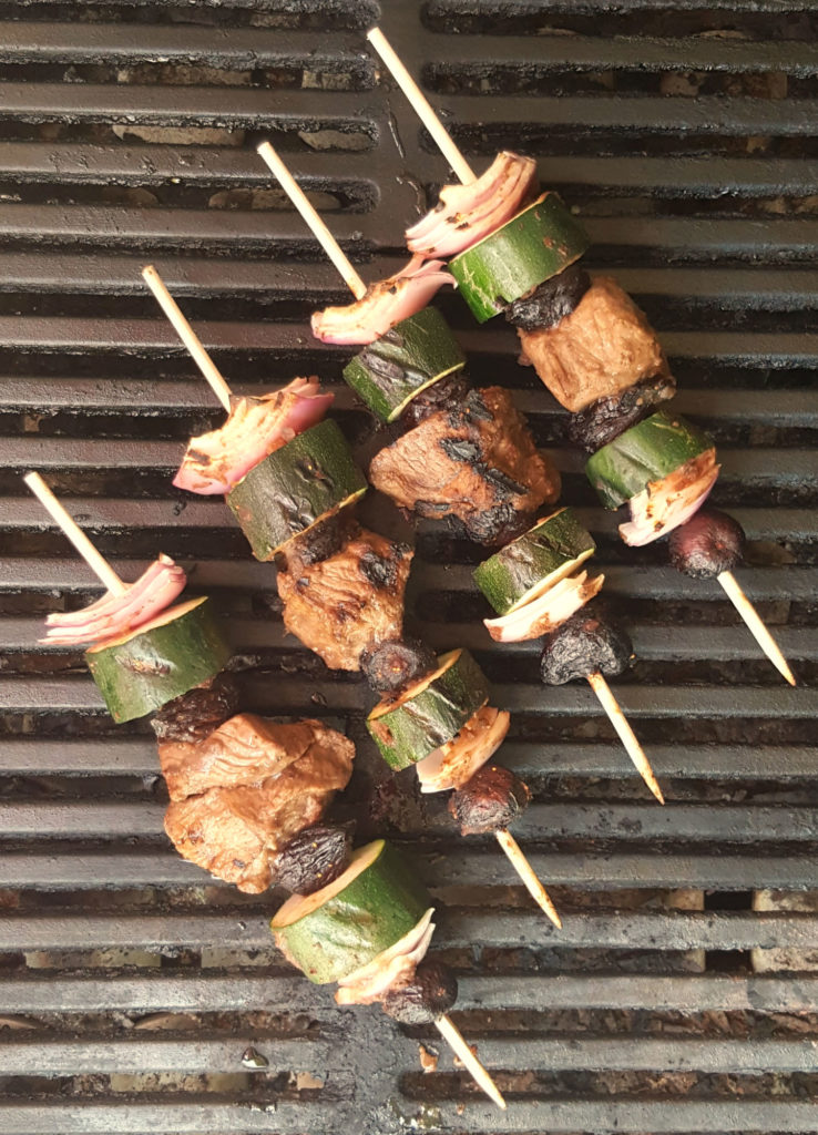 Lamb kebabs on the grill is a fast flavorful dinner. Lamb skewers are threaded with veggies and figs, brushed with Fig BBQ Sauce.