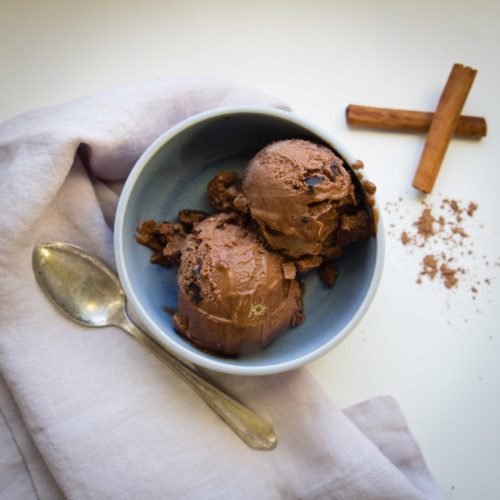 Chocolate nice cream is a great way to satisfy a craving for something icy and healthy. Dried figs combine with chocolate cinnamon nice cream for a frosty summer treat.