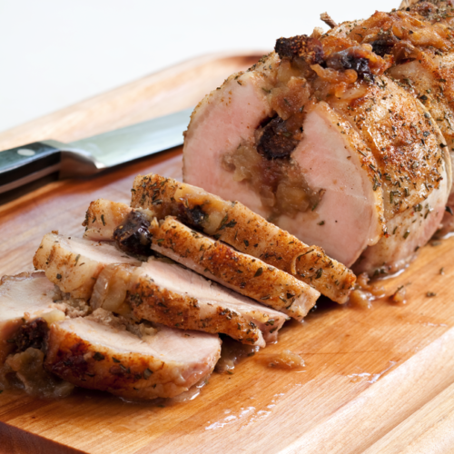 roast pork loin with apricot, fig and pistachio stuffing