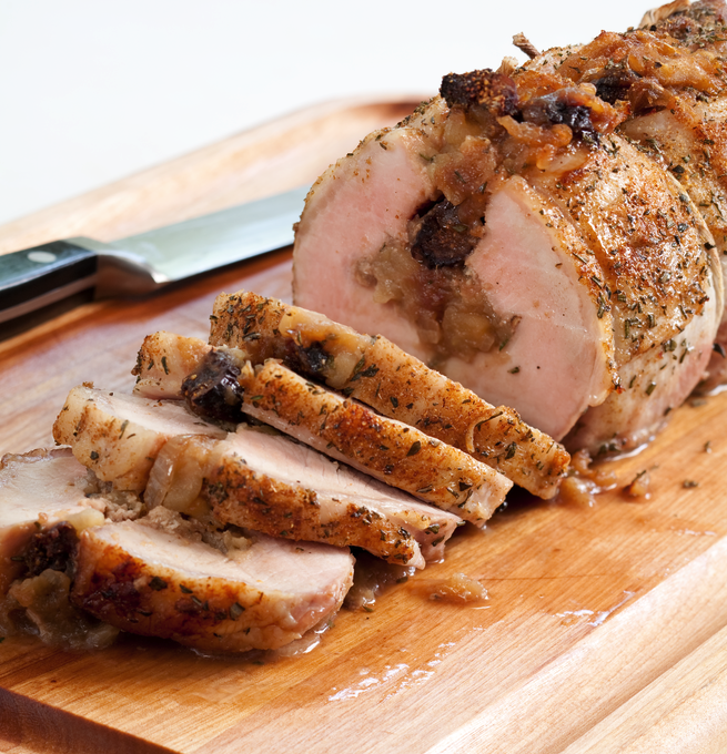 roast pork loin with apricot, fig and pistachio stuffing