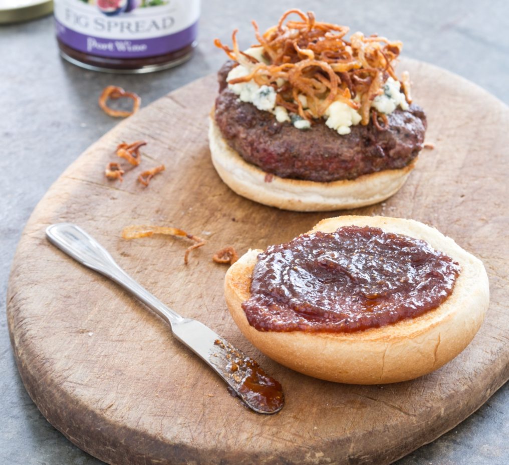 Juicy Pub-Style Burgers with Crispy Shallots Blue Cheese and Fig Spread