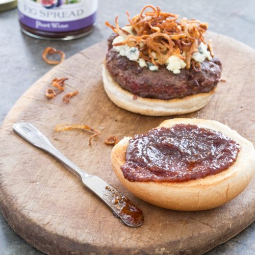Juicy Pub-Style Burgers with Crispy Shallots Blue Cheese and Fig Spread
