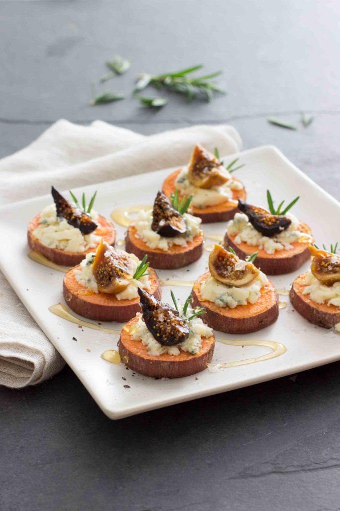 Dried fig sweet potato toasts on a platter