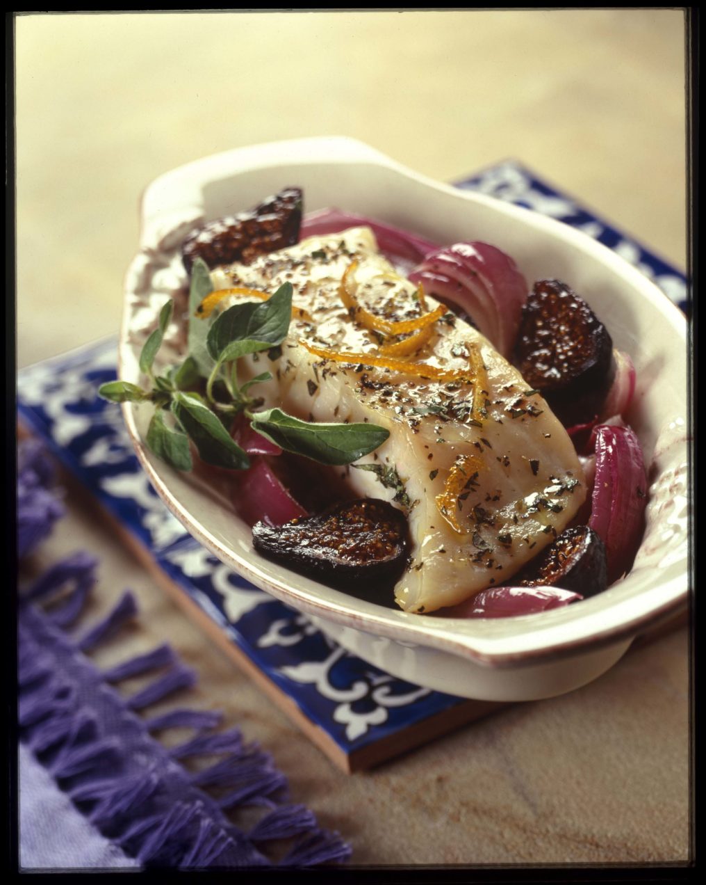 Oven Roasted Halibut with Onions, Orange & Fresh or Dried Figs