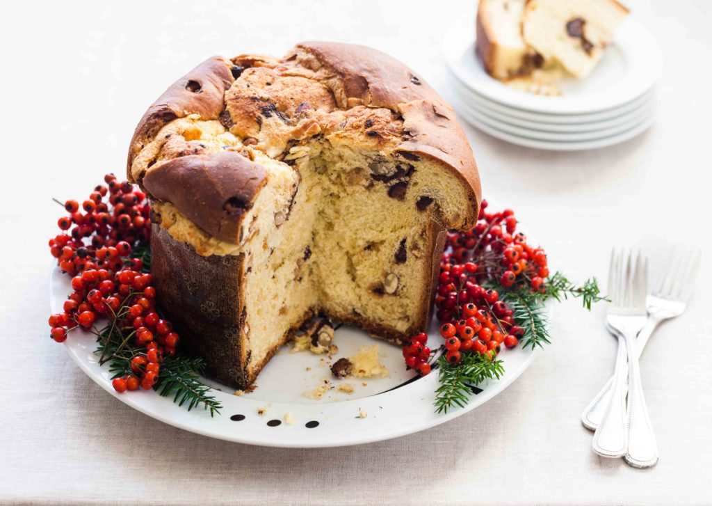 Platter of dark chocolate panettone with figs for Christmas.