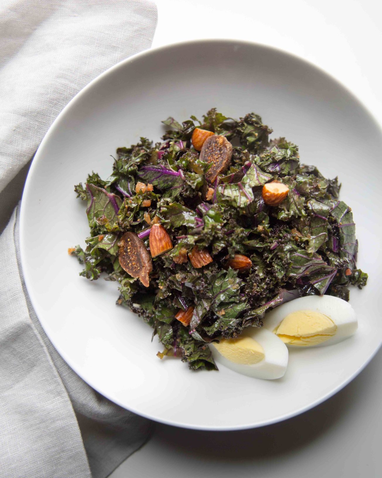 A warm kale salad is easy to make and can go main dish with sliced hard boiled eggs.