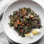 A warm kale salad is easy to make and can go main dish with sliced hard boiled eggs.