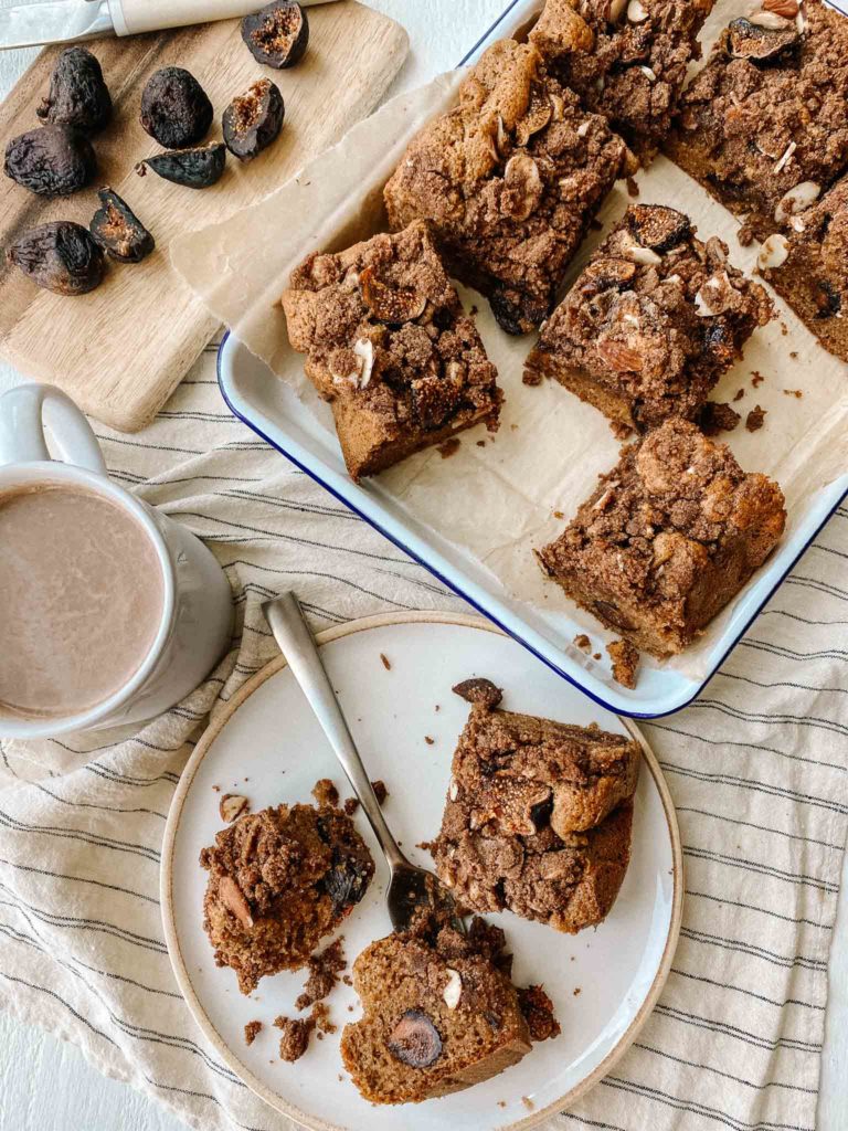 Make gluten free coffee cake with California Dried Figs tumbling in the crumble. Save this recipe with your almond flour cake recipes collection.