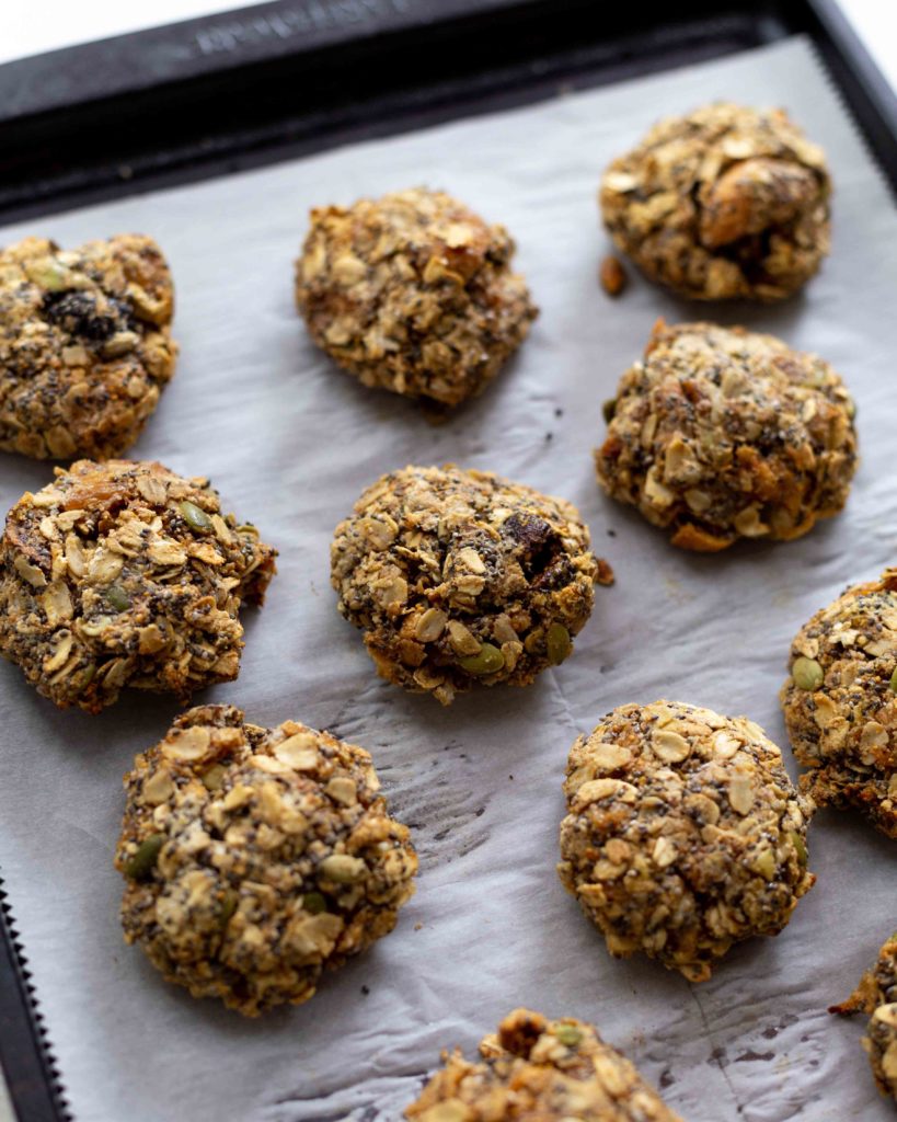 Sheet pan full of breakfast oatmeal cookies with figs