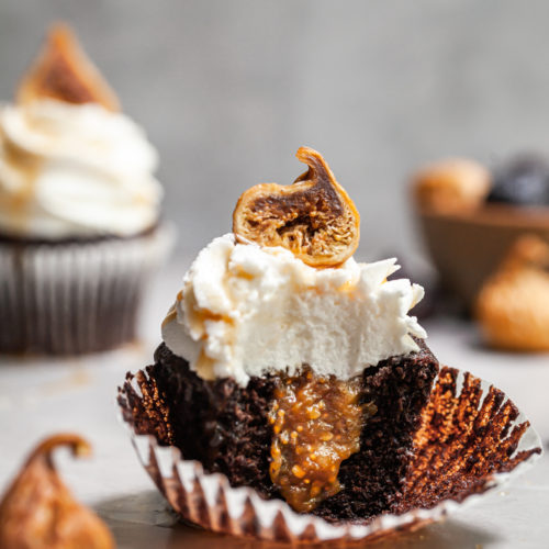 Fig Caramel Chocolate Cupcakes with Vegan Frosting
