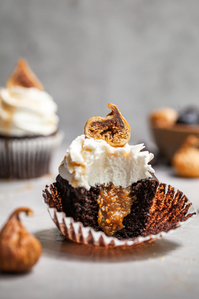 Vegan chocolate cupcakes filled with fig caramel and vegan frosting are not just for special occasions. The vegan caramel is an amazing cupcake filling.