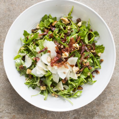 Have you ever tried a prosciutto salad? Adding salty meat with sweet figs, Parmesan and walnuts make this arugula salad a keeper and great with white wine.