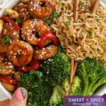 Shrimp and vegetables is dinner done right. Using dried figs in the sauce yields a sweet and spicy shrimp stir fry with noodles that is better than takeout.