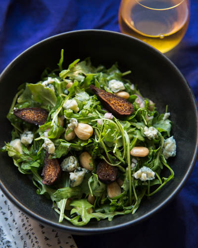Baby Arugula Fig & Spanish Almond Salad with Cabrales Cheese