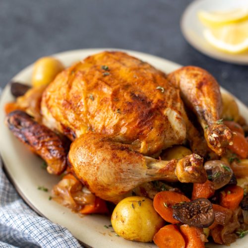 You can get crackly crisp skin instant pot whole chicken. With veggies and figs this is an easy insta pot whole chicken made for busy nights.