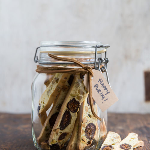 Twice-baked pistachio fig biscotti make a great homemade gift for coffee drinkers, or, as Chanie Apfelbaum suggests, as misloach manot ideas for Purim.