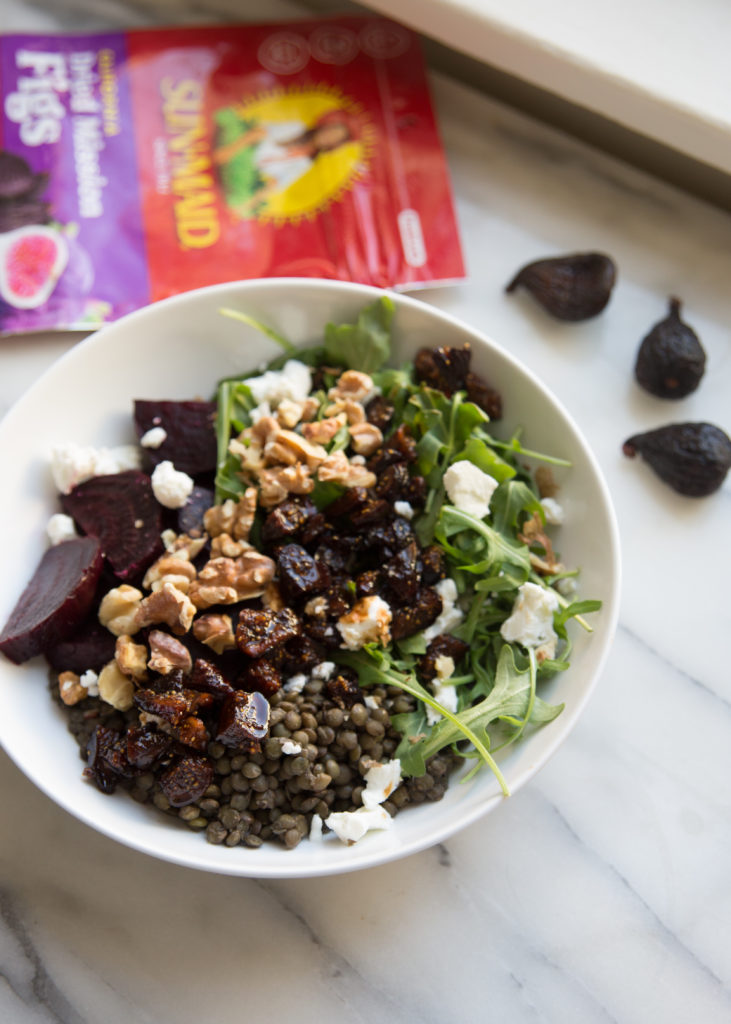 Salad with beets and goat cheese is a classic. Our warm lentil salad with roasted beets and plump agro-dolce figs is a meatless meal to love. 