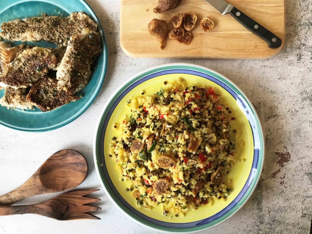 cauliflower rice pilaf with golden figs and zaatar fish