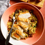 Cous cous with chicken for two is a tasty one-dish meal! Couscous with chicken, smoky almonds + figs is ready in less than 30 minutes.