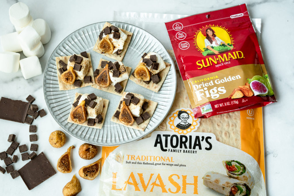 Plate of fig s'mores on crispy lavash with a bag of Sun-Maid Golden FIgs and Atoria's Family Bakery Lavash