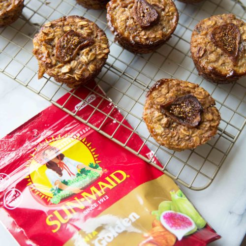Chai spiced pre-portioned baked oatmeal on a wire rack with a bag of Sun-Maid Golden Figs