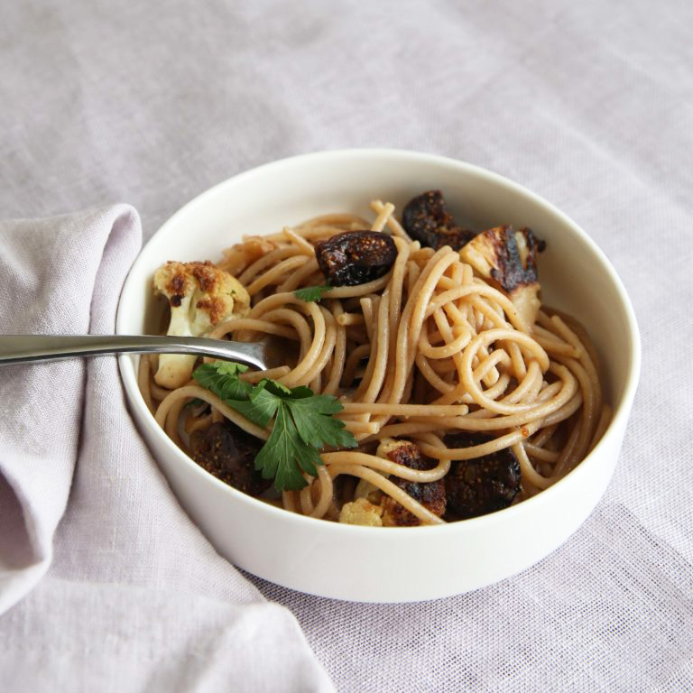 A bowl of Whole Wheat Pasta with Cauliflower + Figs