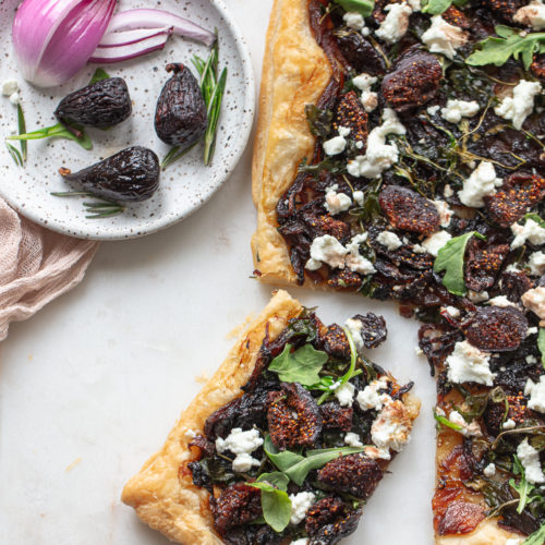Red Wine Poached Fig and Goat’s Cheese Tart with Caramelised Onions
