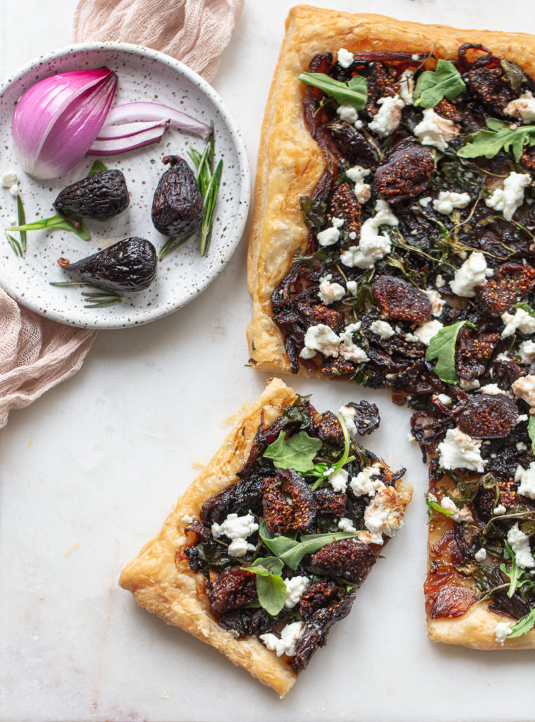 Goat's cheese puff pastry is the first step in a fig goat's cheese tart great for happy hour. Serve caramelised onion and goat's cheese tart for happy hour.