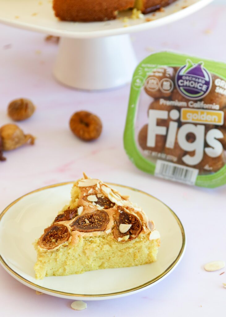 A close-up of the flourless fig cake recipe showing the tender texture of this light and airy cake
