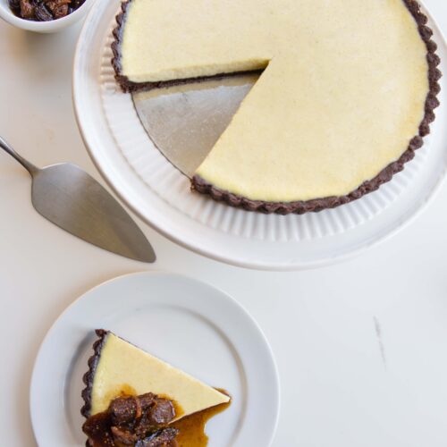 Lighten up a vanilla custard tart. A deeply chocolatey tender crust adds nuance to Alice Medrich's yogurt tart recipe topped with fig compote.