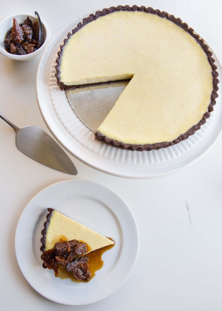 Lighten up a vanilla custard tart. A deeply chocolatey tender crust adds nuance to Alice Medrich's yogurt tart recipe topped with fig compote. 