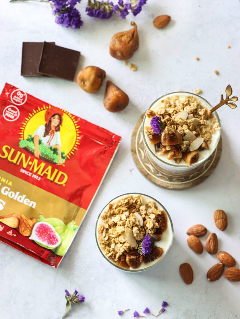 Overhead photo of Sun-Maid Golden Figs bag and two dried fig chia pudding parfaits in glasses.