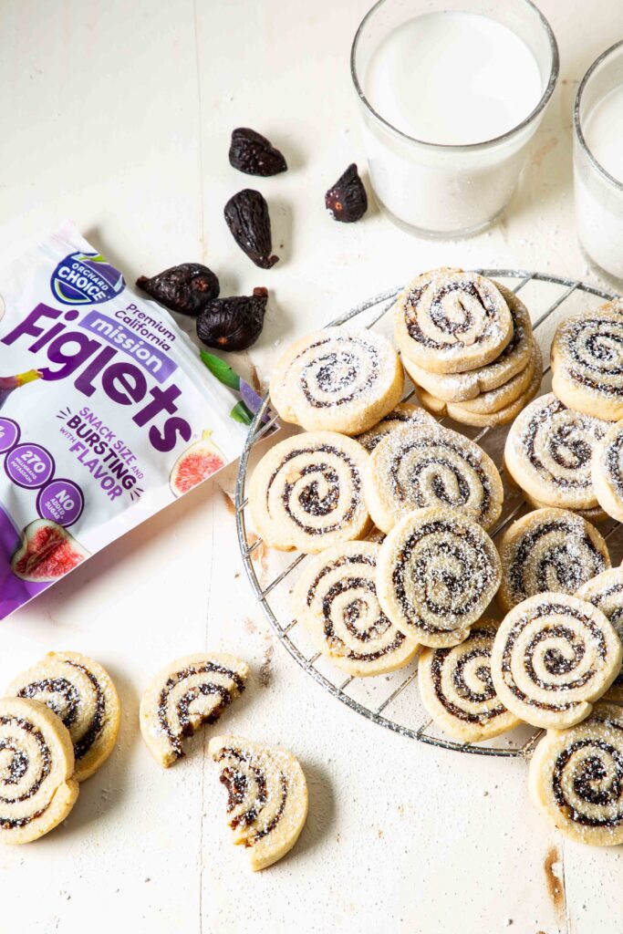 Dried fig cookies with a ribbon of fig swirled into buttery cookie dough