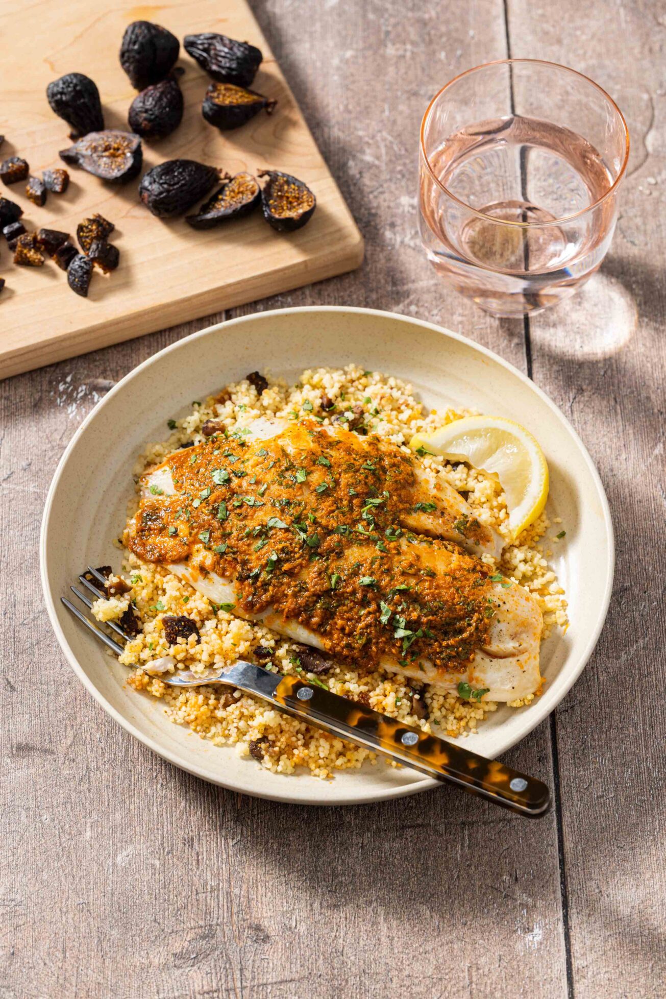 morroccan fish couscous packets with figs in chermoula spice